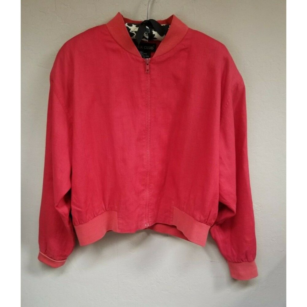 Silk Club Womens Varsity Jacket Full Zipper Shoulder Pads Medium Red Linen